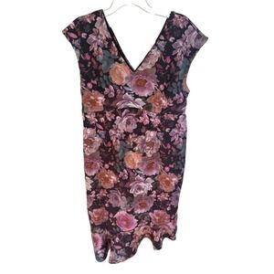 Jessica Simpson Floral V-Neck Asymmetric‎ Ruffle Hem Sheath Dress Large